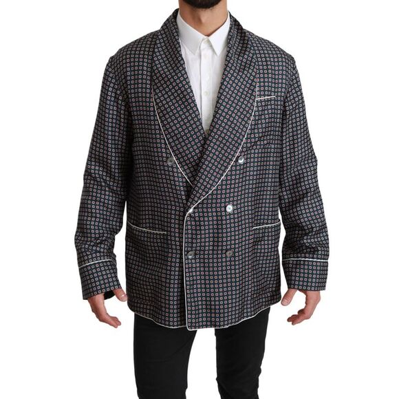 Dolce & Gabbana Navy Blue Patterned Double Breasted Coat Men's Jacket